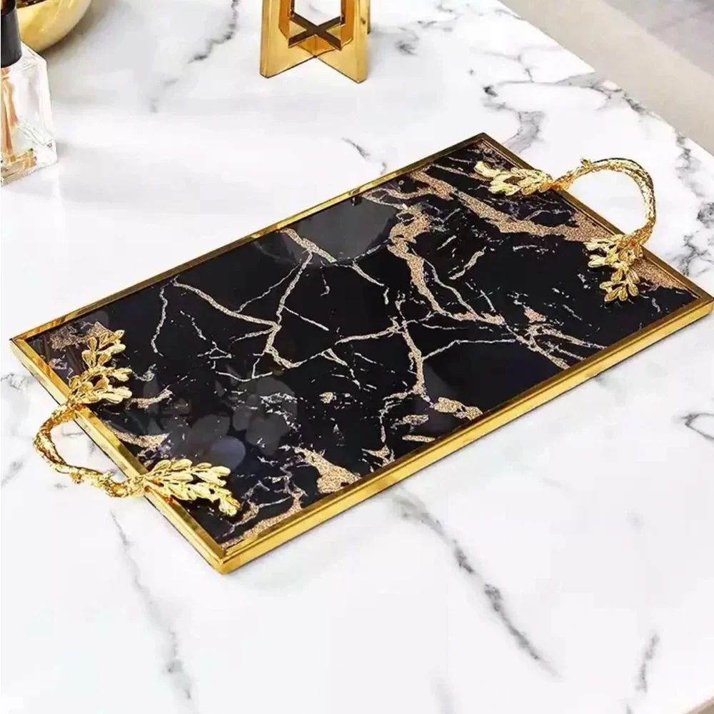 Luxury Agate black Gold leaf tray